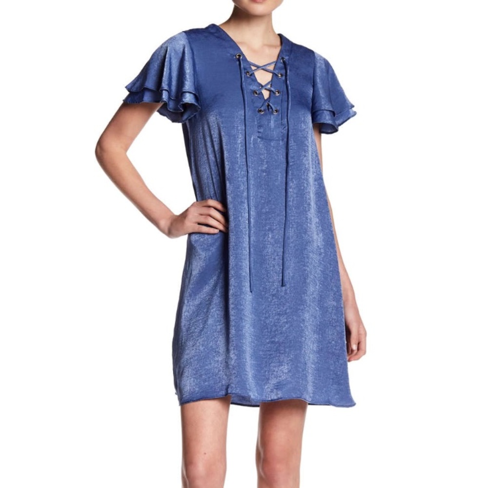 NWOT Soprano Blue Satin Dress Frilled Sleeves SzXS